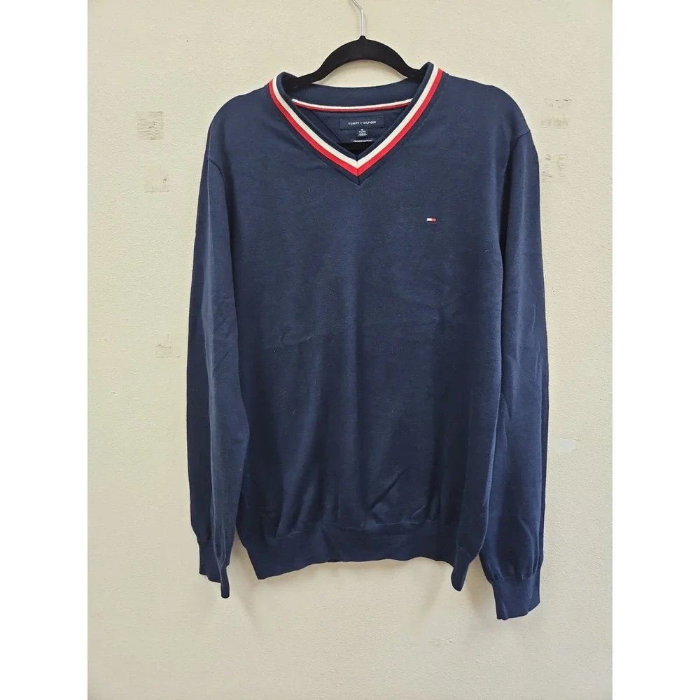 Tommy Hilfiger Mens V-Neck Sweater  Xl Classic Preppy Dapper Navy Blue
